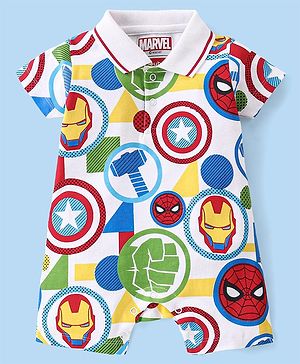 Babyhug Marvel Cotton Knit  Half Sleeves Romper with Pocket & Avengers  Print - Multicolour