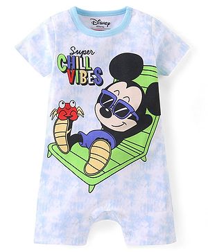 Babyhug Disney Cotton Knit Half Sleeves Romper Tie & Dye With Mickey Mouse Graphics - Blue