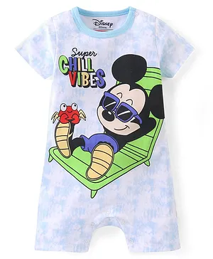Babyhug Disney Cotton Knit Half Sleeves Romper Tie & Dye With Mickey Mouse Graphics - Blue
