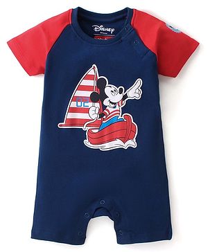 Babyhug Disney 100% Cotton Knit Half Sleeves Romper with Mickey Mouse Graphics - Navy Blue