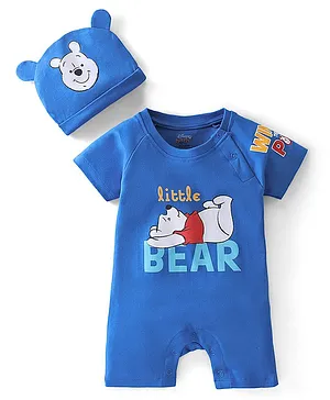 Babyhug Disney Interlock Cotton Knit Half Sleeves  Romper with Cap & Winnie the Pooh Graphics - Blue