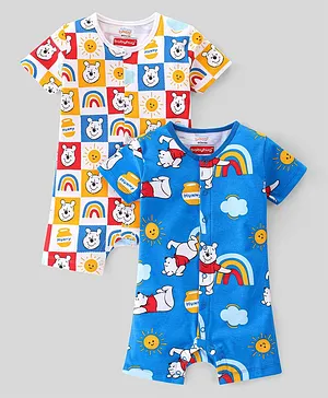 Babyhug Disney Interlock Cotton Knit Half Sleeves Romper Winnie The Pooh Print Pack of 2 - Multicolour