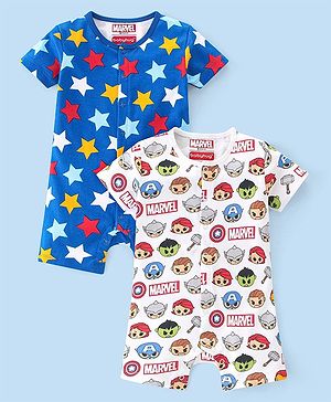 Babyhug Marvel Interlock Cotton Knit Half Sleeves Rompers Star & Avenger Print Pack of 2 - Multicolour