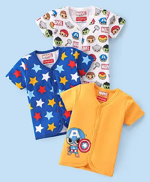 Babyhug Marvel 100% Cotton Knit Half Sleeves Jhabla With Avengers & Star Print Pack Of 3 - White Navy Blue & Yellow