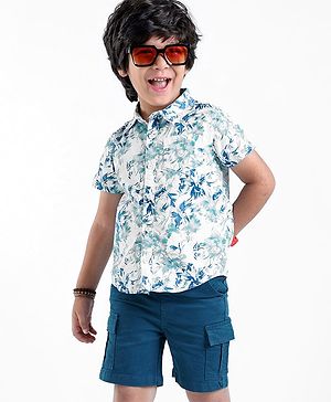 Babyhug Cotton Woven Half Sleeves Leaves Printed Shirt & Solid Colour Shorts - Withe & Blue
