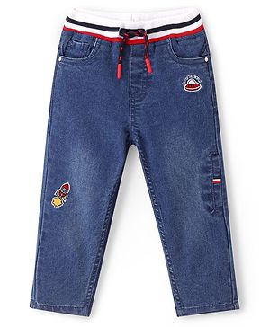 Babyhug Full Length Rocket Patch Stretchable Denim Jogger - Blue