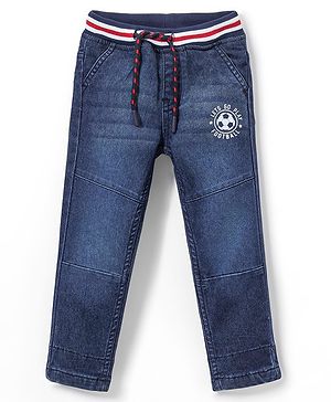 Babyhug Denim Full Length with Stretch Jeans Football Print - Dark Blue