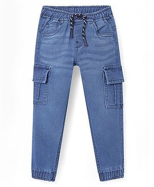 Babyhug Denim Full Length Washed Stretchable Joggers with Cargo Pockets - Blue
