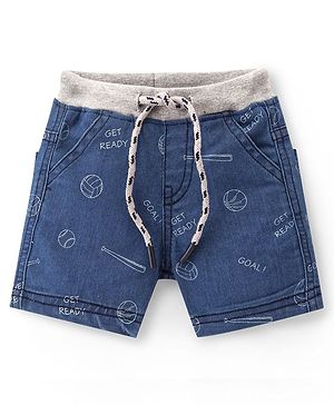 Babyhug Cotton Denim Shorts With Stretch Ball Print- Blue