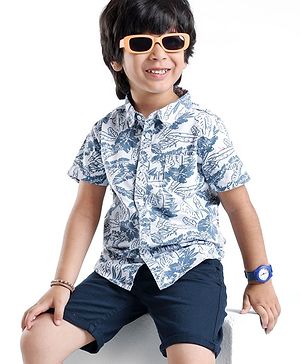 Babyhug 100% Cotton Woven Half Sleeves Shirt & Shorts With Tropical Print - Navy Blue & White