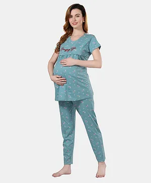 Fabme Half Sleeves Amazing You Text & Palm Tree Printed Maternity Top & Pajama Set With Concealed Zipper Nursing Access - Sea Green