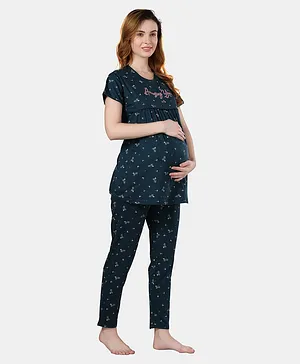 Fabme Half Sleeves Amazing You Text &  Cycle Printed Maternity Top & Pajama Set With Concealed Zipper Nursing Access - Dark Green