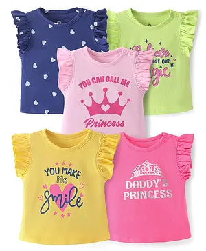 Doodle Poodle 100% Cotton Frilled Cap Sleeves Heart & Text Printed T-Shirts Pack of 5 -Multicolor