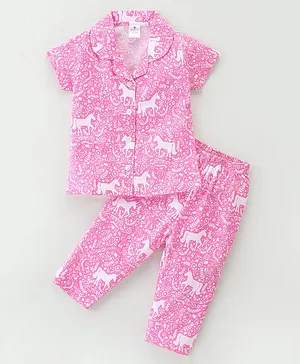 Smarty Girls 100% Cotton Half Sleeves Night Suit With Unicorn & Floral Print - Pink