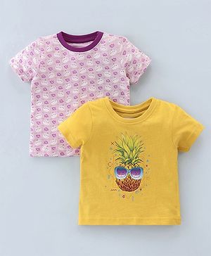 BUMZEE Pack Of 2 Half Sleeves Frogs & Pineapple Printed Tees - Pink & Yellow