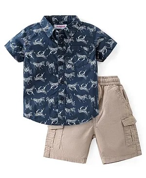 Babyhug 100% Cotton Woven Zebra Print Shirt & Twill lycra Shorts - Navy Blue & Beige