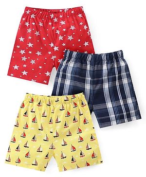 Babyhug Cotton Woven Regular Boxers Stars & Boats Print Pack of 3 - Blue Yellow & Red