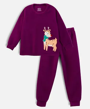 Nap Chief Full Sleeves Reindeer Embroidered Fleece Sweatshirt & Joggers Set - Purple