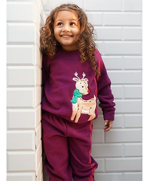 Nap Chief Full Sleeves Reindeer Embroidered Fleece Sweatshirt & Joggers Set - Purple