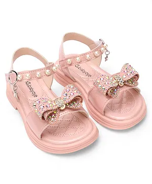 Babyoye Sandals with Velcro Closure Pearl Detailing & Bow Applique -Pink