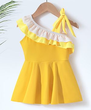 Kookie Kids  One Shoulder Sleeves Frock Swimsuit with Frill Detailing -  Yellow