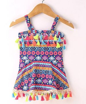 Kookie Kids Sleeveless Printed Frock Swimsuit with  Tassel - Multicolour