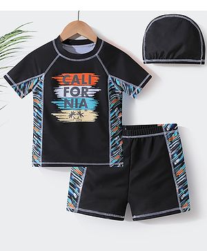 Kookie Kids Half Sleeves Two Piece Swimsuit with Cap Text Print -  Black