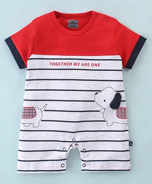 Mini Taurus Cotton Knit Half Sleeves Striped Rompers With Puppy Print -Red