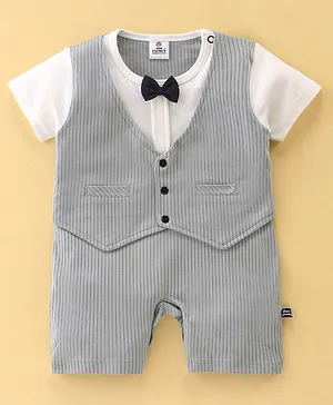 Mini Taurus Cotton Half Sleeves Striped Party Romper with Bow Tie - Grey