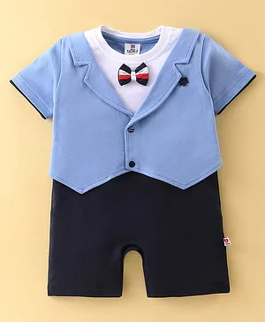 Mini Taurus Cotton Half Sleeves Solid Party Romper with Bow Tie - Blue