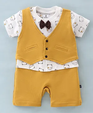 Mini Taurus Cotton Knit Half Sleeves Party Wear Romper Bear Print & Bow Applique-  Mustard Yellow