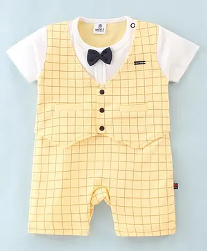 Mini Taurus Cotton Knit Half Sleeves Party Wear Romper Checkered with Bow Applique - Yellow & White