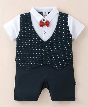 Mini Taurus Cotton Knit Half Sleeves Party Wear Romper Polka Dots Print With Bow Applique - White & Blue