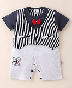 Mini Taurus Cotton Knit Half Sleeves Party Wear Romper Checkered with Bow Applique - Grey & Blue