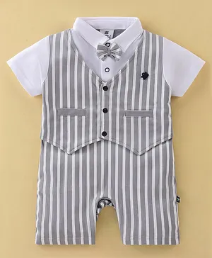 Mini Taurus Cotton Knit Half Sleeves Striped Party Romper with Attached Waistcoat - Grey