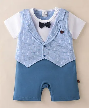Mini Taurus Cotton Knit Half Sleeves Romper With Attached Waistcoat & Bow Embroidery Design - Blue