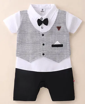 Mini Taurus Cotton Knit Half Sleeves Party Wear Romper Checkered With Bow Applique - Grey & White