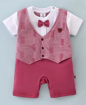 Mini Taurus Cotton Knit Half Sleeves Romper With Attached Waistcoat & Bow Embroidery Design - Marron