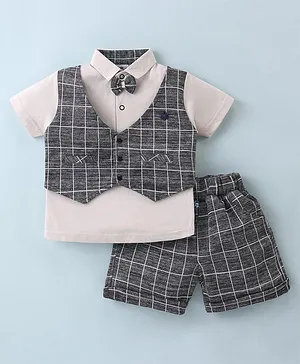 Mini Taurus Cotton Knit Half Sleeves  Shirt with Attached Checkered Waistcoat & Shorts  - Deep Grey