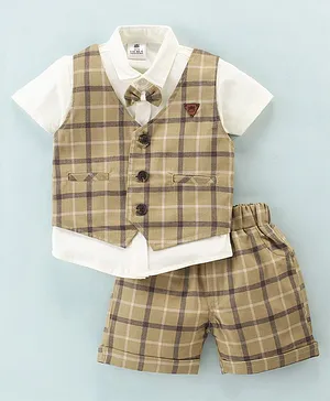 Mini Taurus Cotton Knit Half Sleeves Checked Party Suit with Bow - Khaki