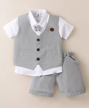 Mini Taurus  Half Sleeves Solid Colour Shirt & Shorts With Bow & Striped Waistcoat - Grey