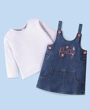 Babyhug Text Embroidery Denim Frock with Full Sleeves Polka Dots Printed Inner Tee - Blue
