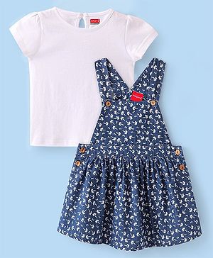Babyhug Denim Woven Frocks with Half Sleeves T-Shirt Floral Print - Navy Blue