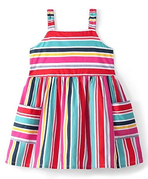 Babyhug 100% Cotton Poplin Woven Sleeveless Striped Frock - Multicolor