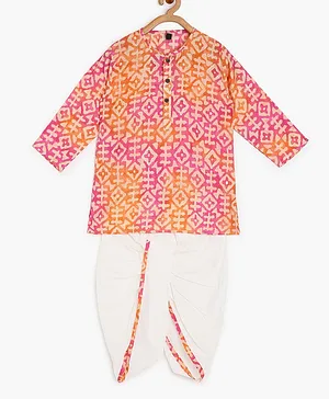 Chayim Full Sleeves All Over Abstract Printed Kurta Dhoti Set -  Pink & Orange