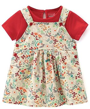 Babyhug Sleeveless Floral Print Frock with Inner T-Shirt  Solid Colour  -  Red & Cream