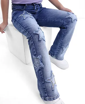 Arias Cotton Stretch Flare Full Length Jeans With Applique and Rhinestone Detailing - Medium Wash Blue
