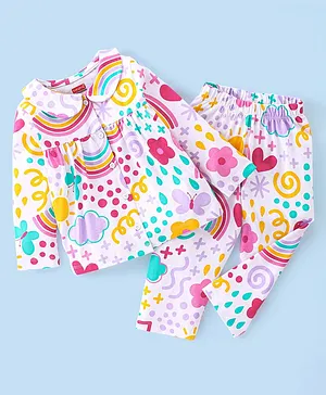 Babyhug Single Jersey Knit Full Sleeves Floral Print Night Suit - Multicolor