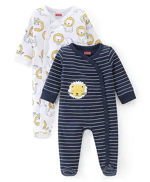 Babyhug Single Jersey Knit Full Sleeves Footed Sleep Suit Striped &  Lion Print Pack of 2 - Navy Blue & White