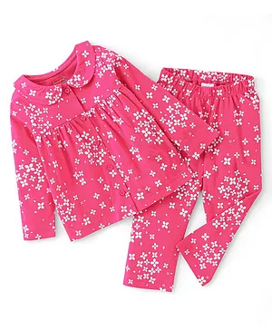 Babyhug Single Jersey Knit Full Sleeves Night Suit Floral Print - Pink